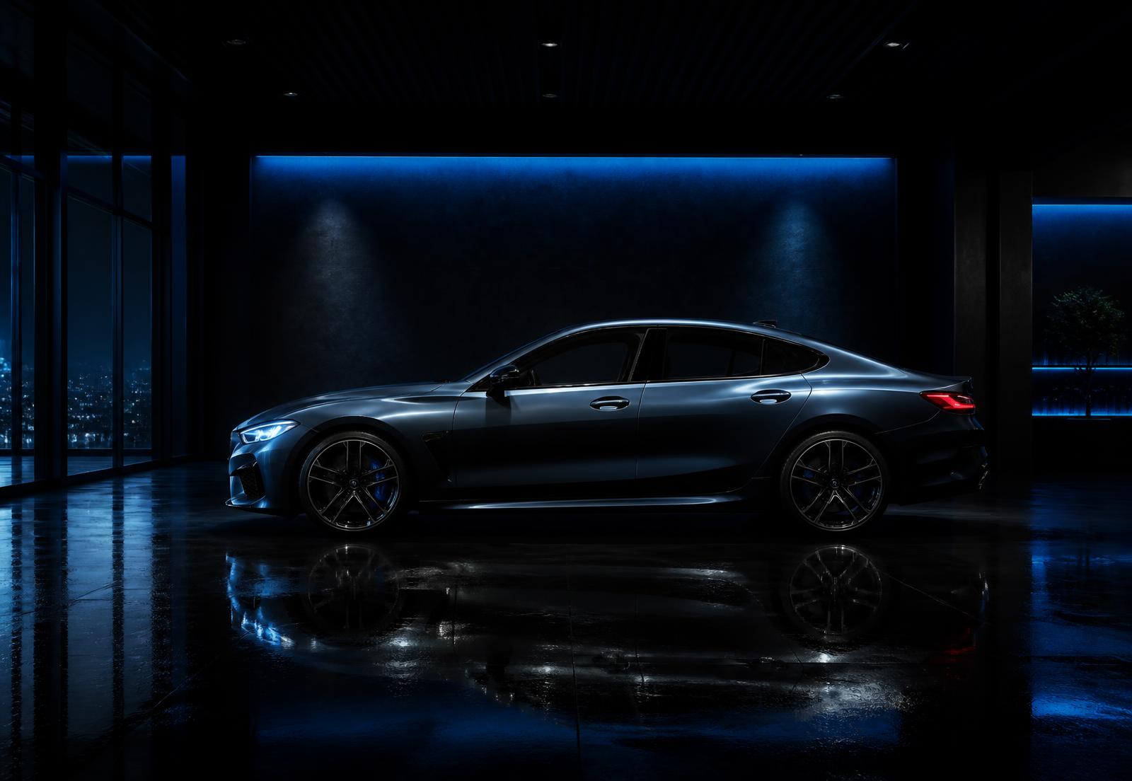 Auto sportiva in showroom con luci blu navy
